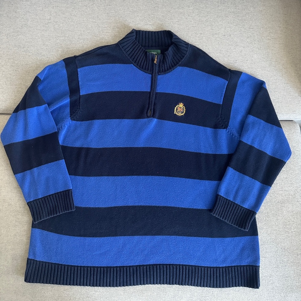 Lauren Ralph Lauren Quarter Zip Sweater Mens XL Blue Striped VTG Rare EUC
